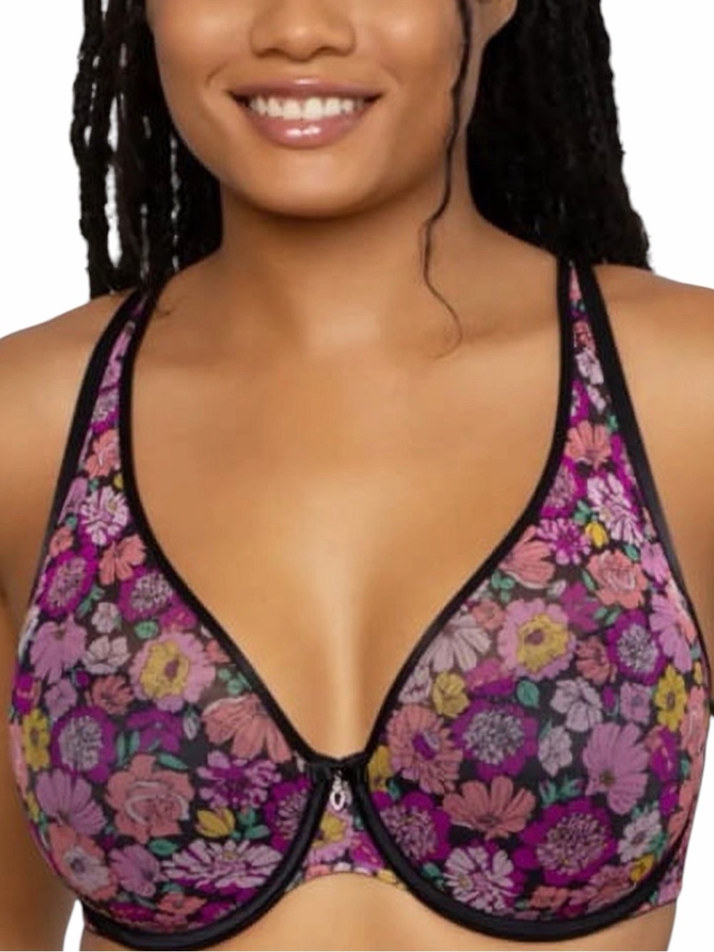 CURVY COUTURE Retro Roses Sheer Mesh Plunge Push‎ Up Bra, Size 42G
